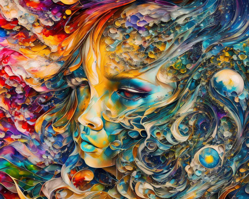 Colorful Abstract Portrait with Swirling Colors and Varied Textures