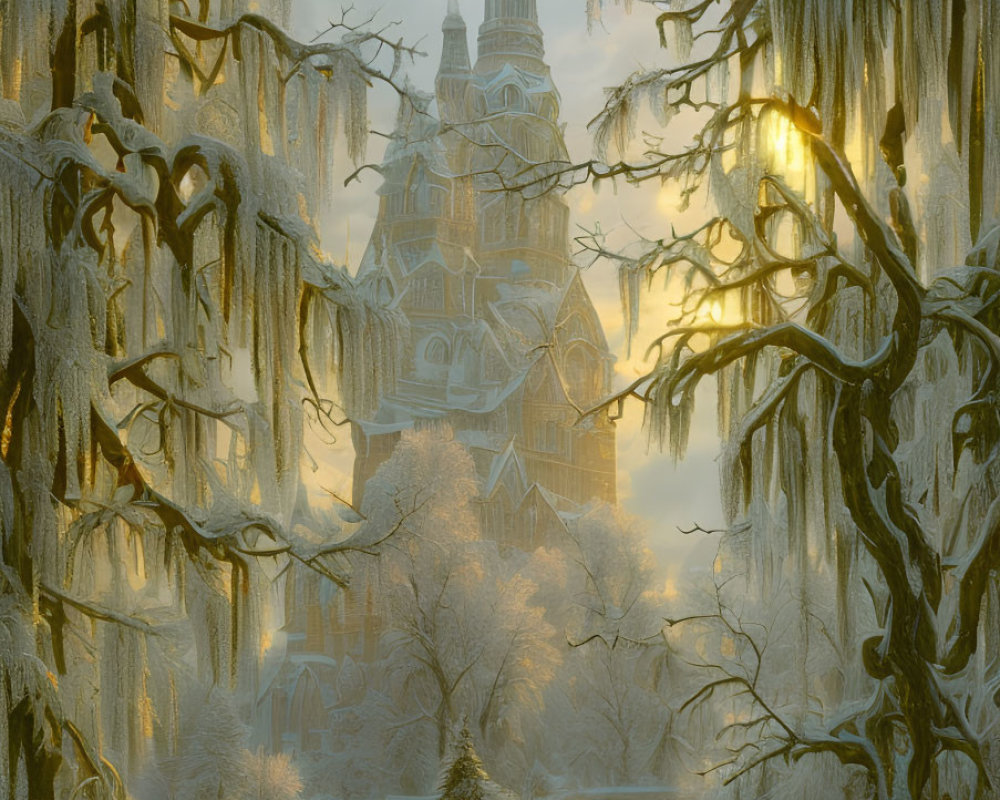 Majestic castle in ethereal winter landscape