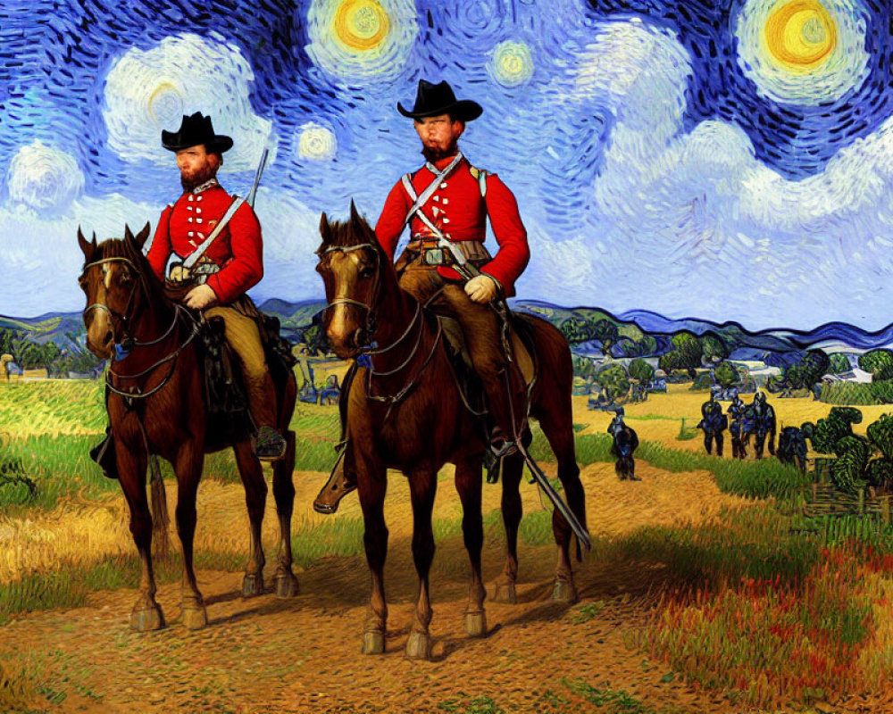 Mounted historical military figures on Van Gogh-style starry landscape with soldiers.