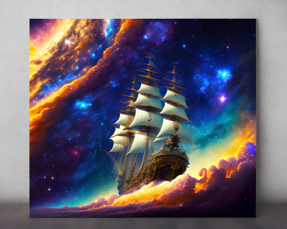 Canvas Art: Majestic Sailing Ship in Cosmic Sky