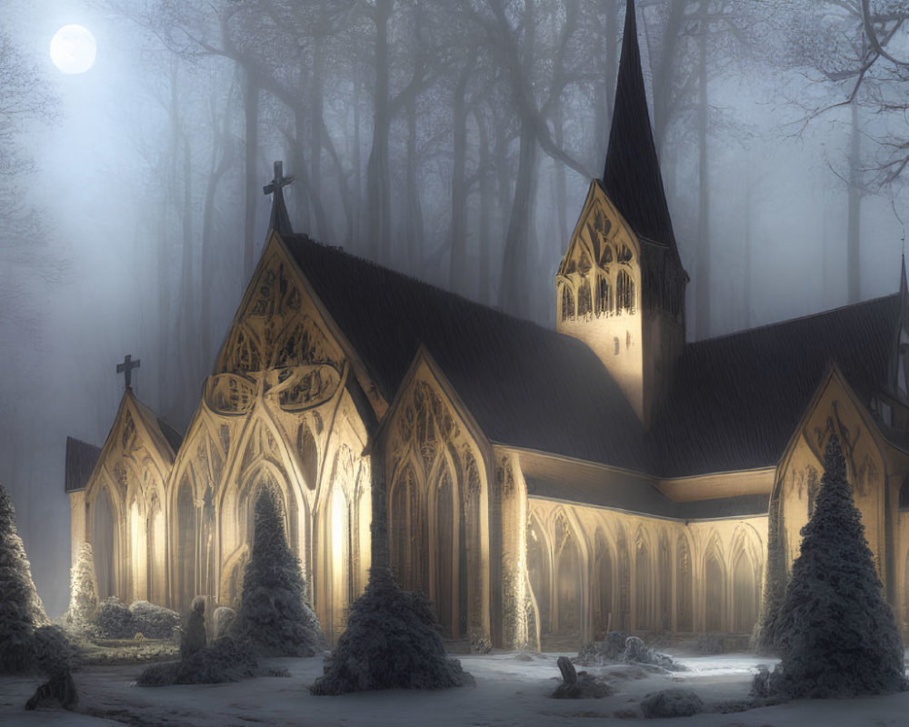 Gothic church in snowy forest under moonlit sky