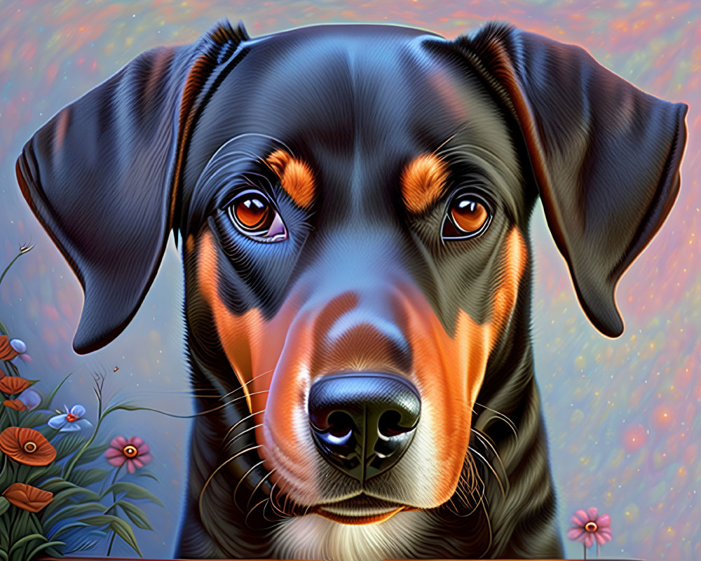 Digital painting of black and tan dog with soulful eyes among flowers