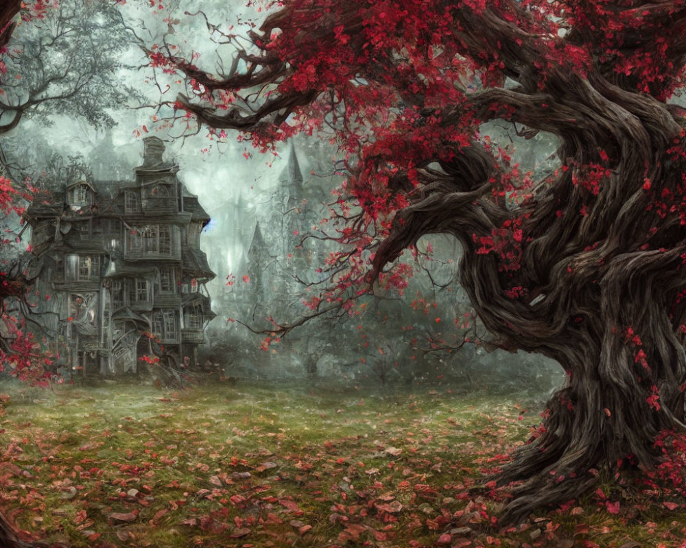 Eerie mansion in foggy, red-leafed forest