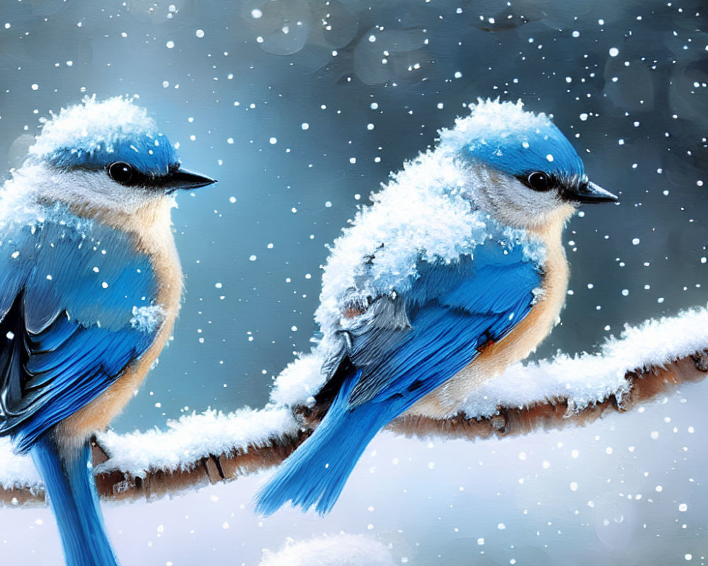 Two Blue Jays Perched on Snowy Branch with Falling Snowflakes