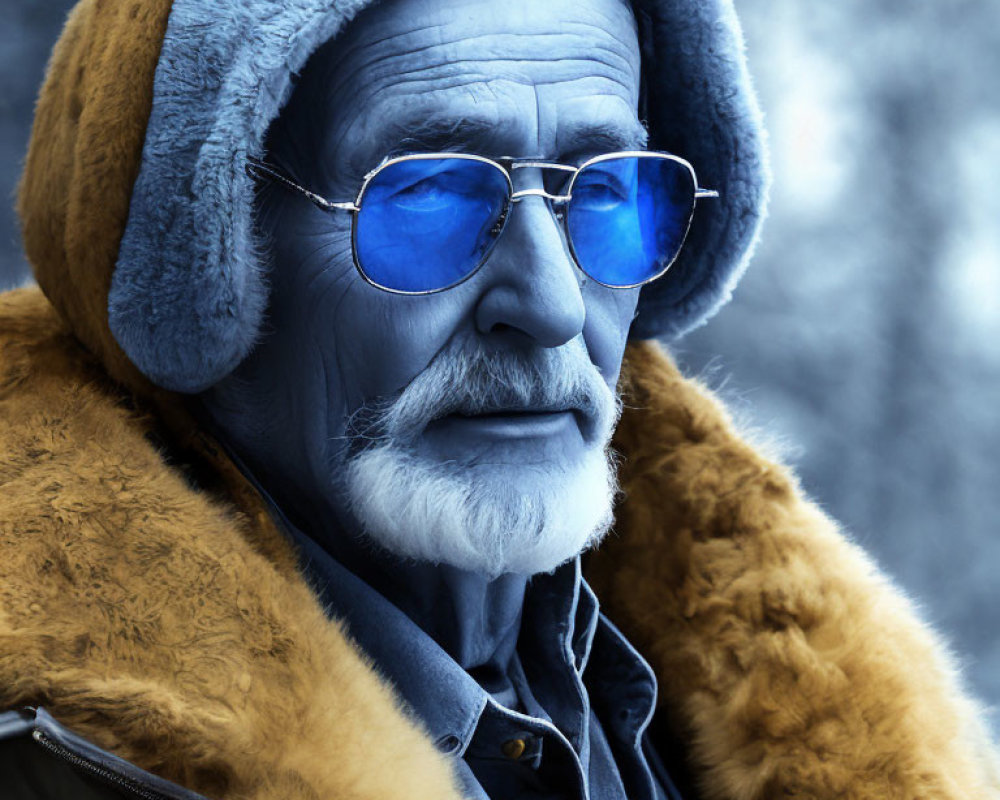 Elderly man with beard in fur-lined coat and blue-tinted glasses