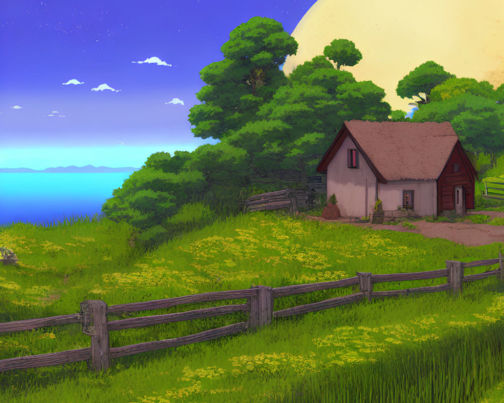 Quaint house by the sea under starry sky with full moon & lush meadow.