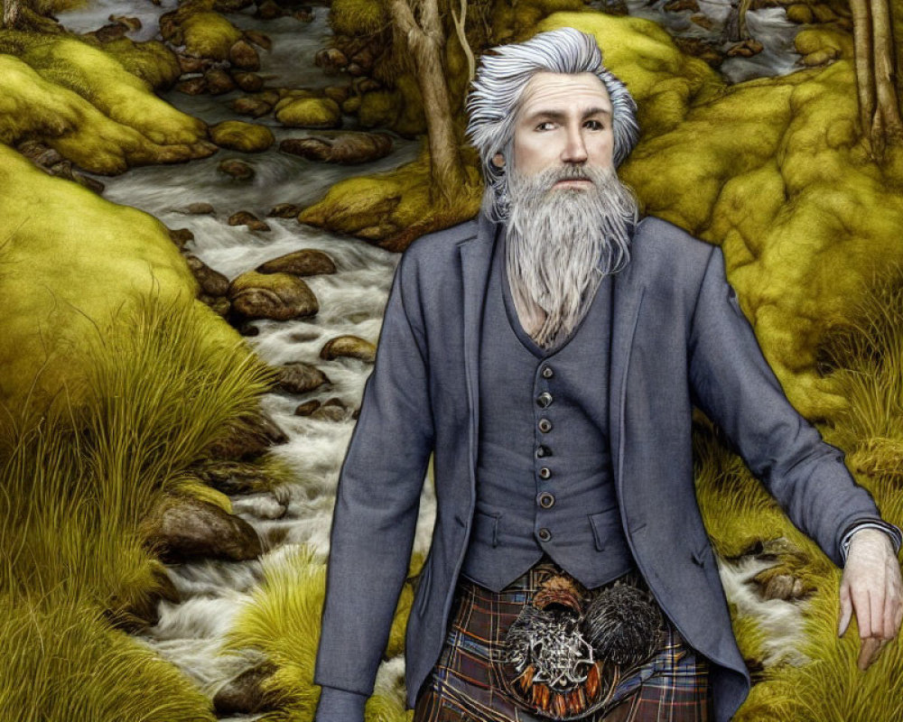 Elderly man in Scottish attire by stream wearing kilt & waistcoat