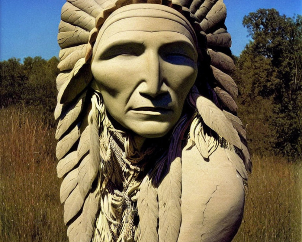 Native American Statue with Detailed Headdress in Natural Setting