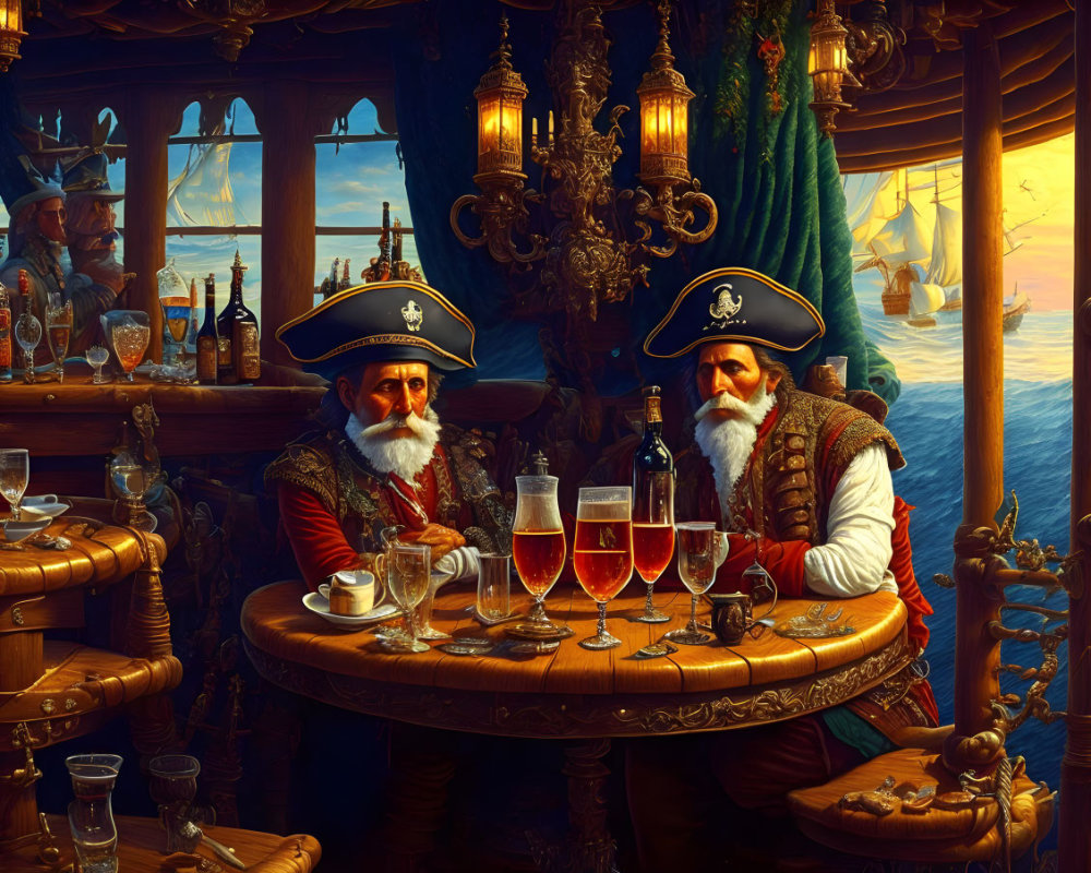 Bearded pirates at wooden table in ornate ship cabin