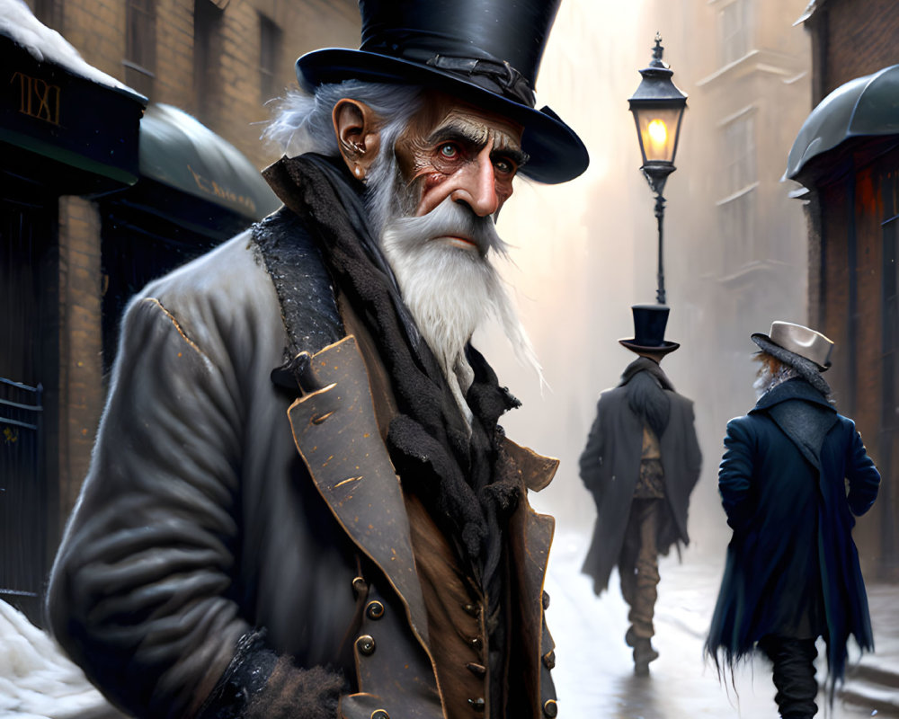 Elderly gentleman in Victorian attire on foggy cobblestone street