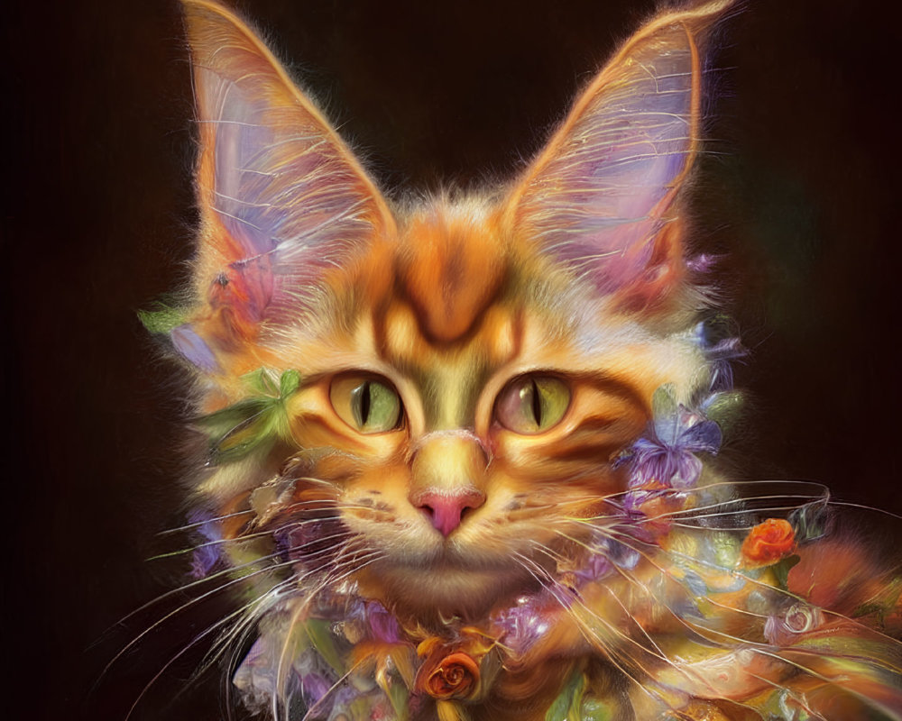 Whimsical large-eyed cat with colorful floral fur portrait