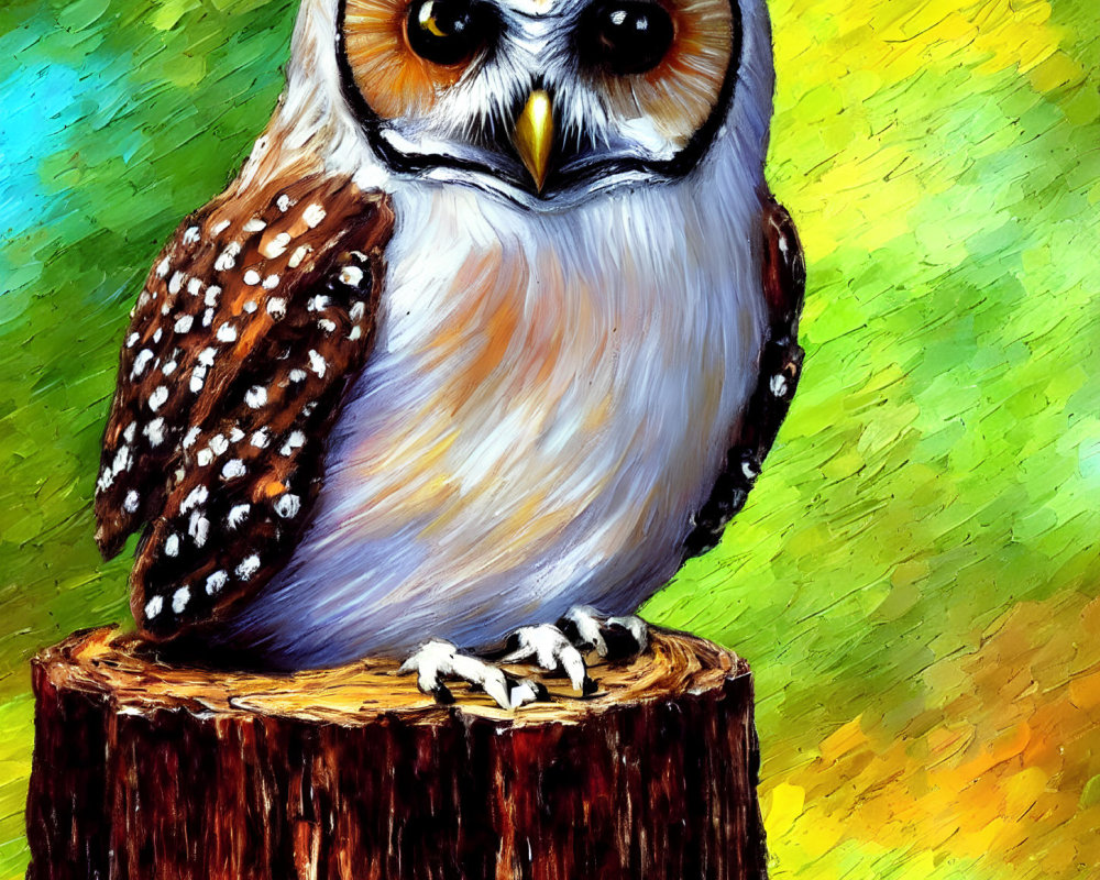 Colorful Owl Perched on Stump with Abstract Background