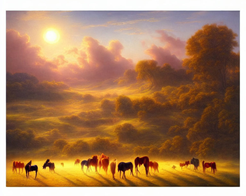 Tranquil sunrise landscape with grazing horses in lush field