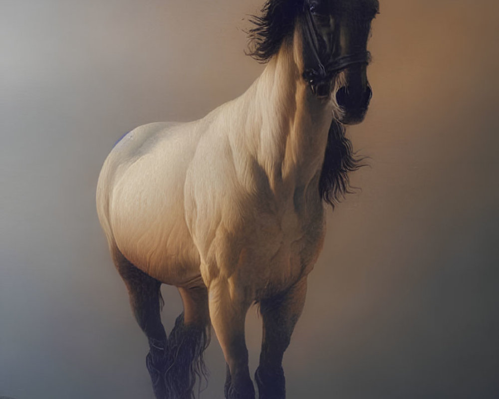 White Horse with Flowing Mane and Tail in Ethereal Landscape