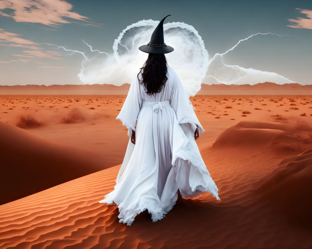 Person in white robe and witch hat near heart-shaped lightning portal in desert