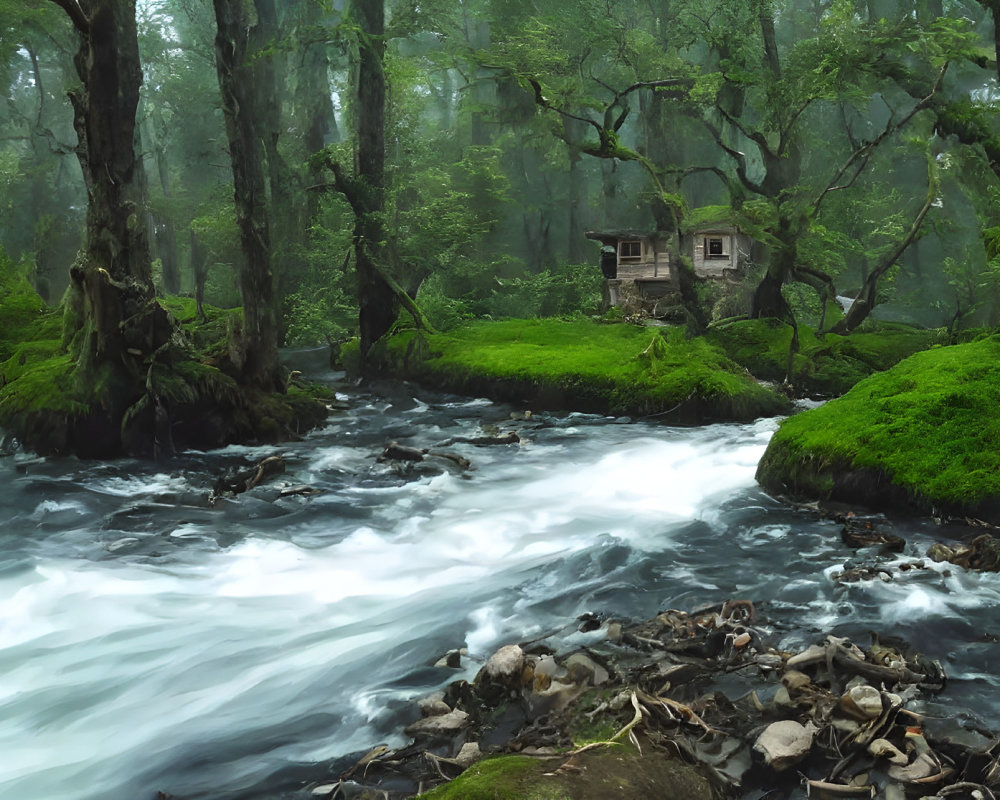 Tranquil Forest Stream with Wooden Cabin in Misty Setting