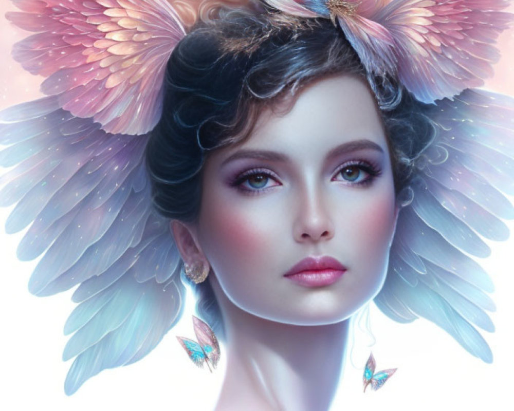 Ethereal woman with pastel wings and butterfly earrings on colorful background