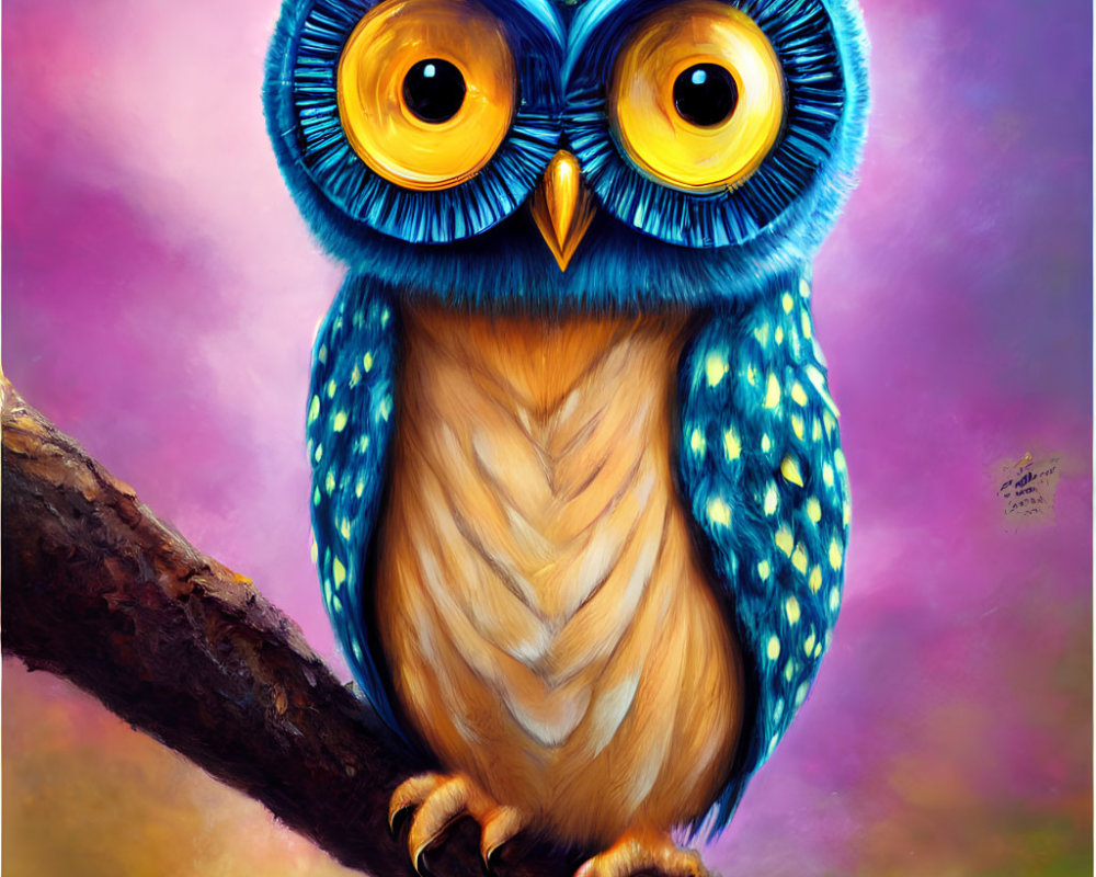 Vibrant Stylized Owl Illustration with Yellow Eyes and Blue Feathers