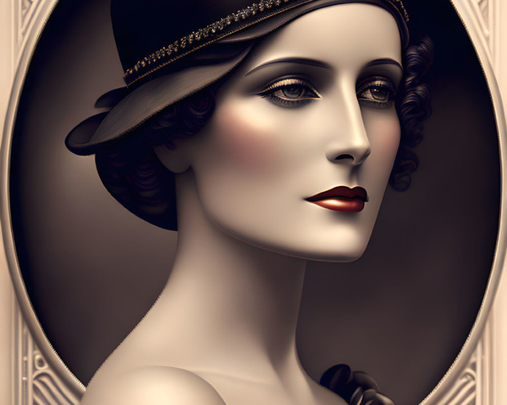 Vintage 1920s style woman illustration with cloche hat and art deco motifs