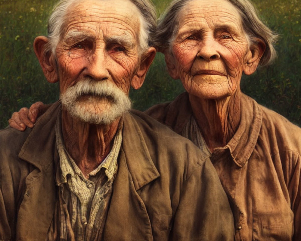 Elderly couple with white beard and serene woman in a field