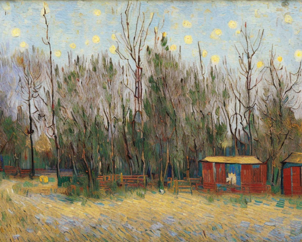 Impressionist Painting: Countryside Scene with Bare Trees and Red-Roofed Huts