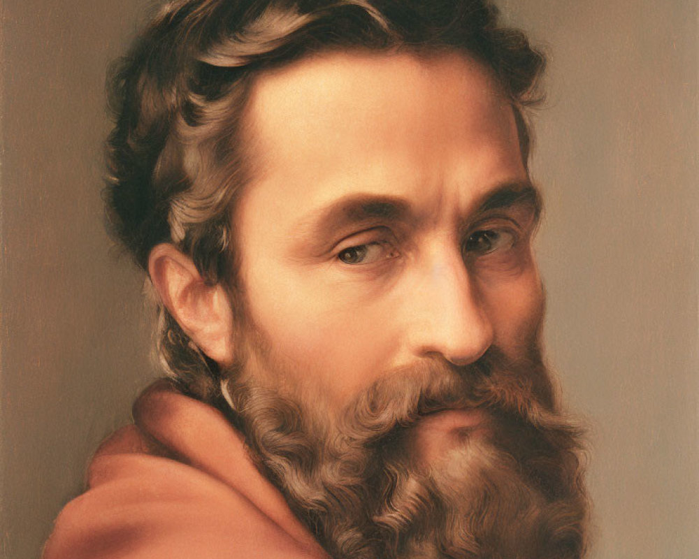 Classical portrait of a bearded man with curly hair in red garment