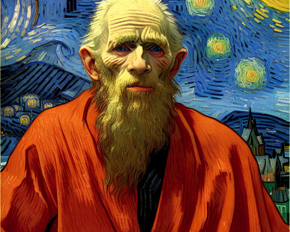 Elderly man with piercing eyes in red robe under starry night