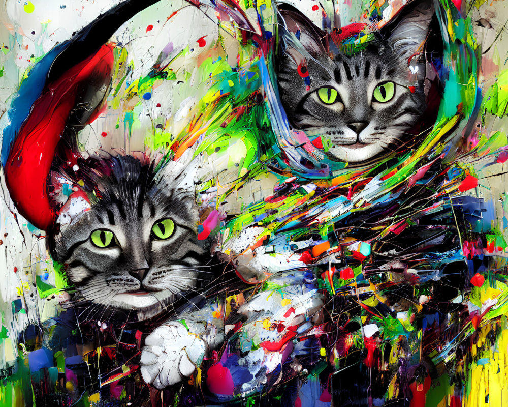 Colorful Artwork Featuring Two Cats with Green Eyes