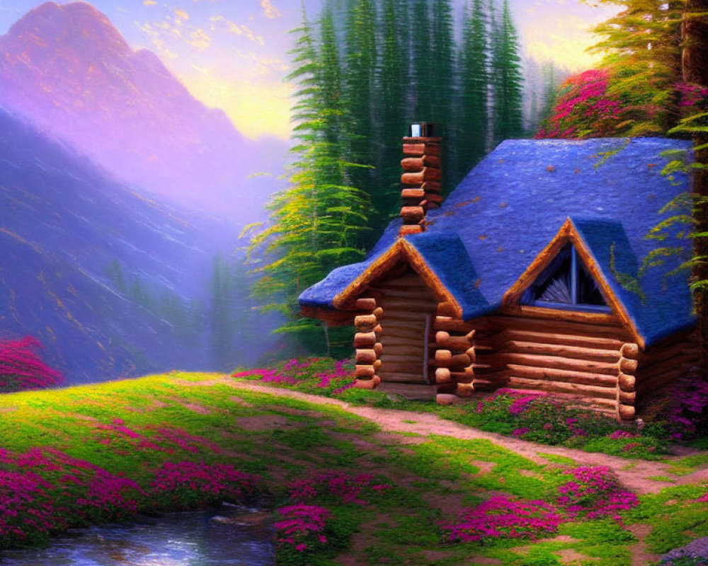 Rustic log cabin with blue roof surrounded by pink flowers, stream, pines, and mountain