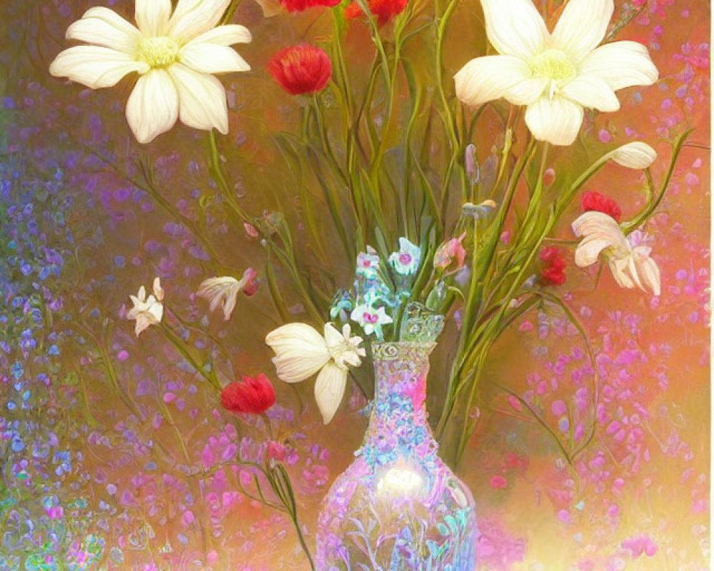 Colorful Red and White Flower Bouquet in Glowing Blue Vase on Multicolored Background