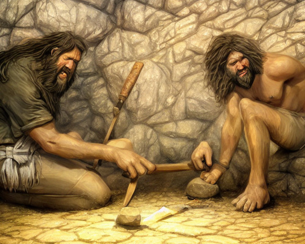 Cartoon cavemen with long hair and beards shaping stone with primitive tools