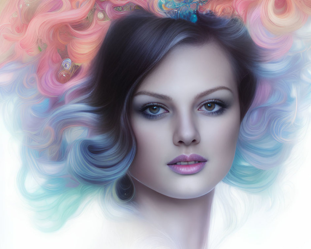 Colorful portrait of woman with captivating eyes and swirly hair and butterfly on head.