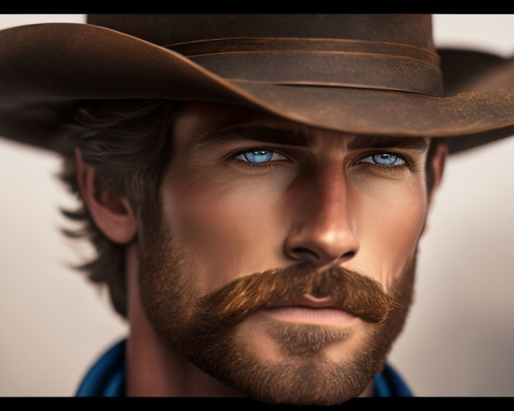 Man with Blue Eyes in Cowboy Hat and Mustache