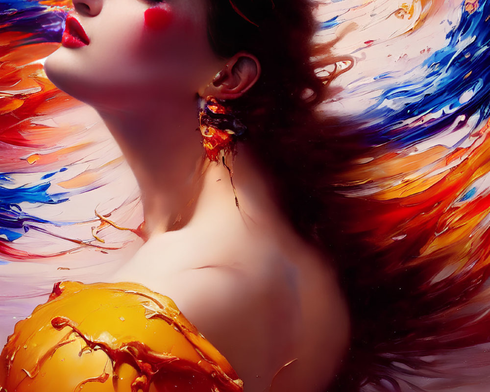 Colorful woman with vibrant red makeup and flowing paint strokes