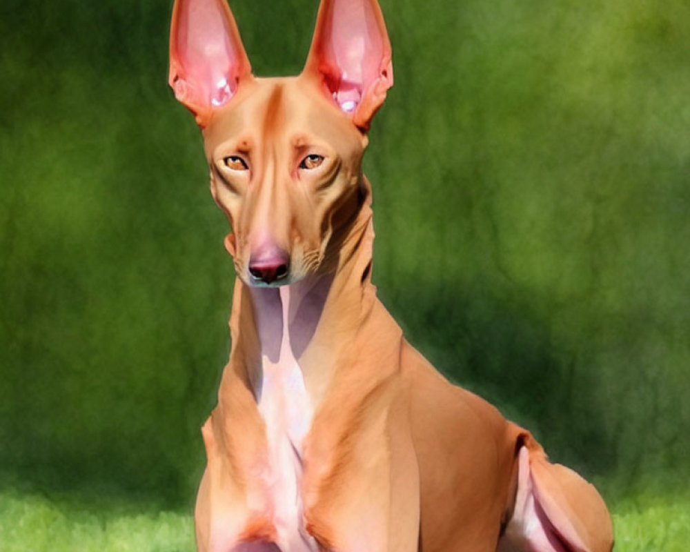 Brown Pointy-Eared Dog Sitting on Grass with Blurred Green Background