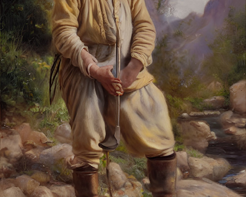 Aged prospector in wide-brimmed hat panning in stream amidst rocky landscape