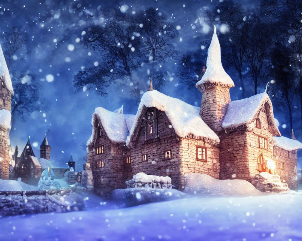 Snow-covered cottages, turrets, and trees in a magical winter night scene