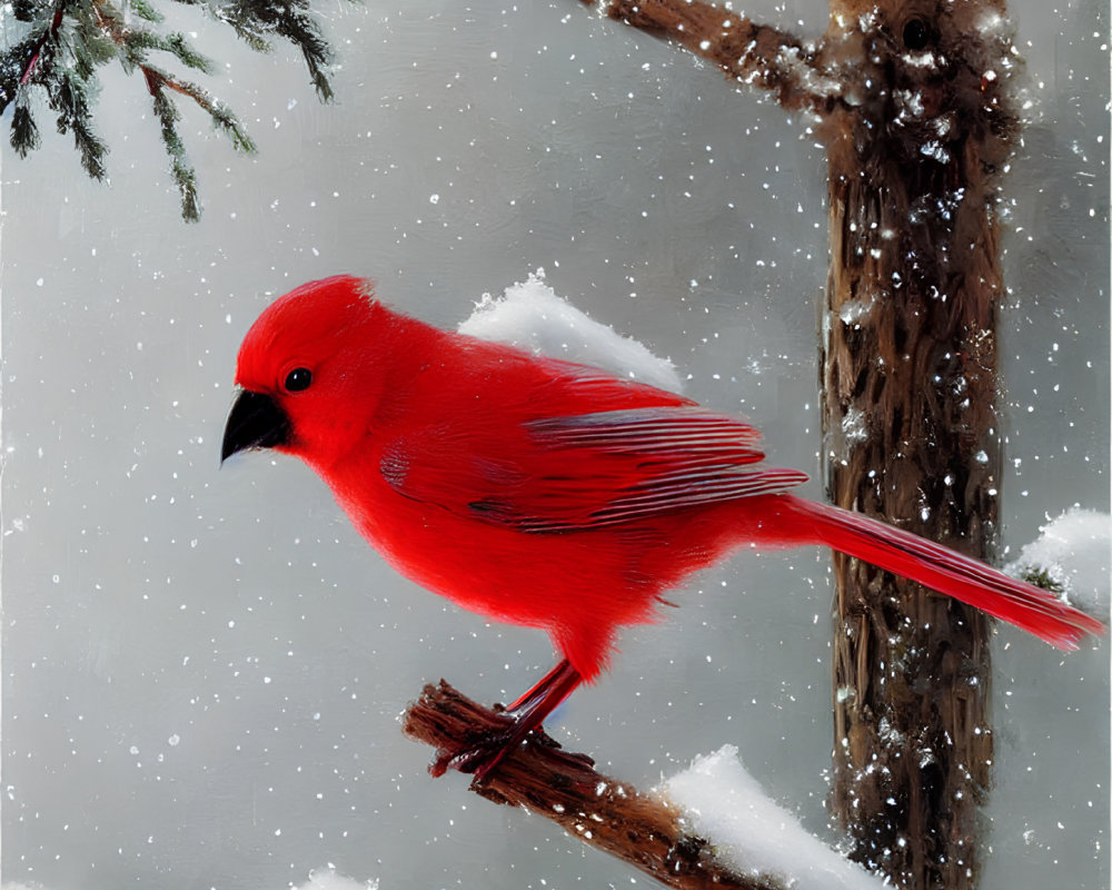 Red cardinal on snowy branch with falling snowflakes and pine needles