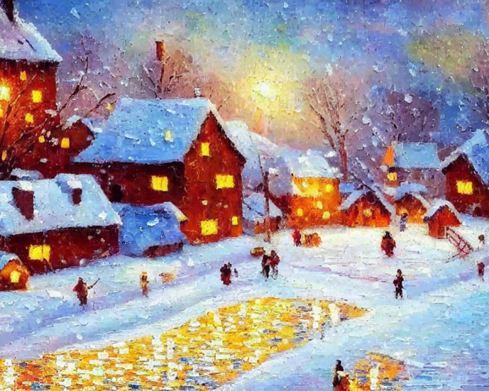 Vibrant snowy village painting at dusk with glowing windows & starry sky