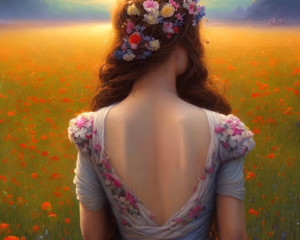 Woman in flower crown admiring poppy field at sunset