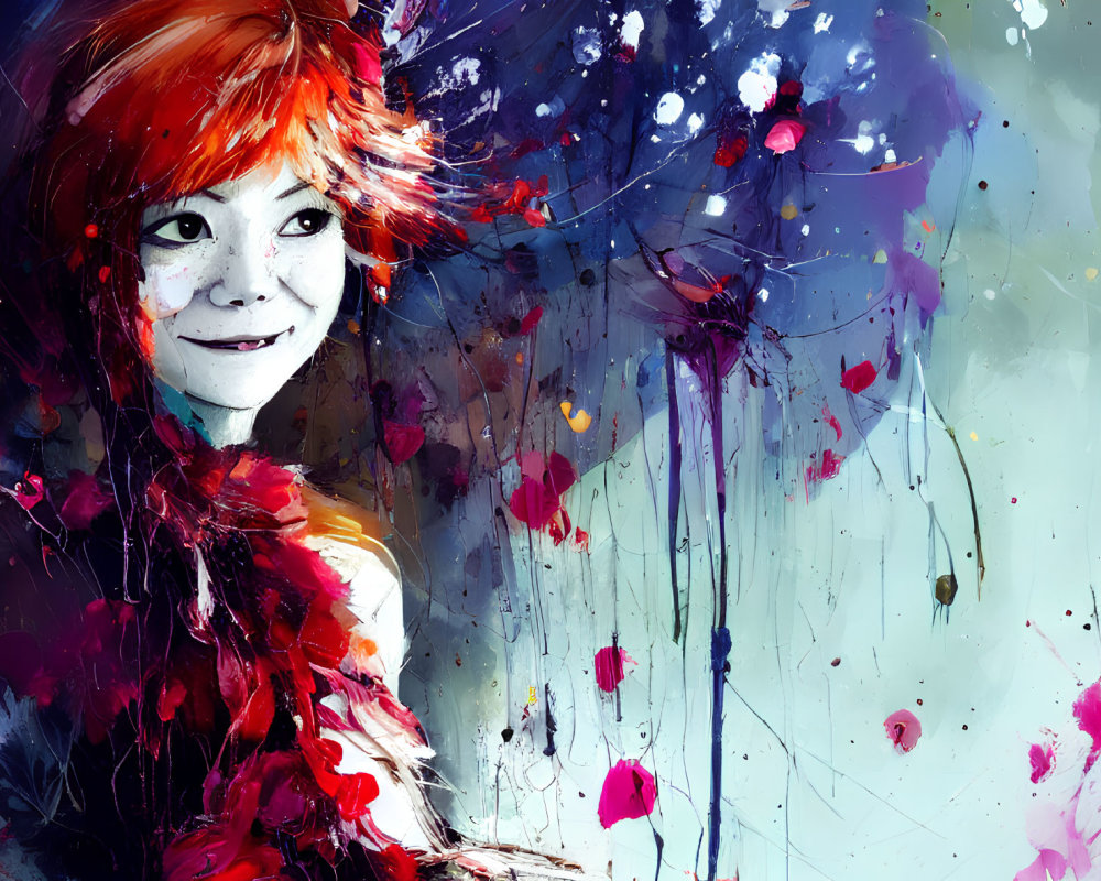 Colorful digital artwork: Smiling red-haired girl in vibrant blues and reds