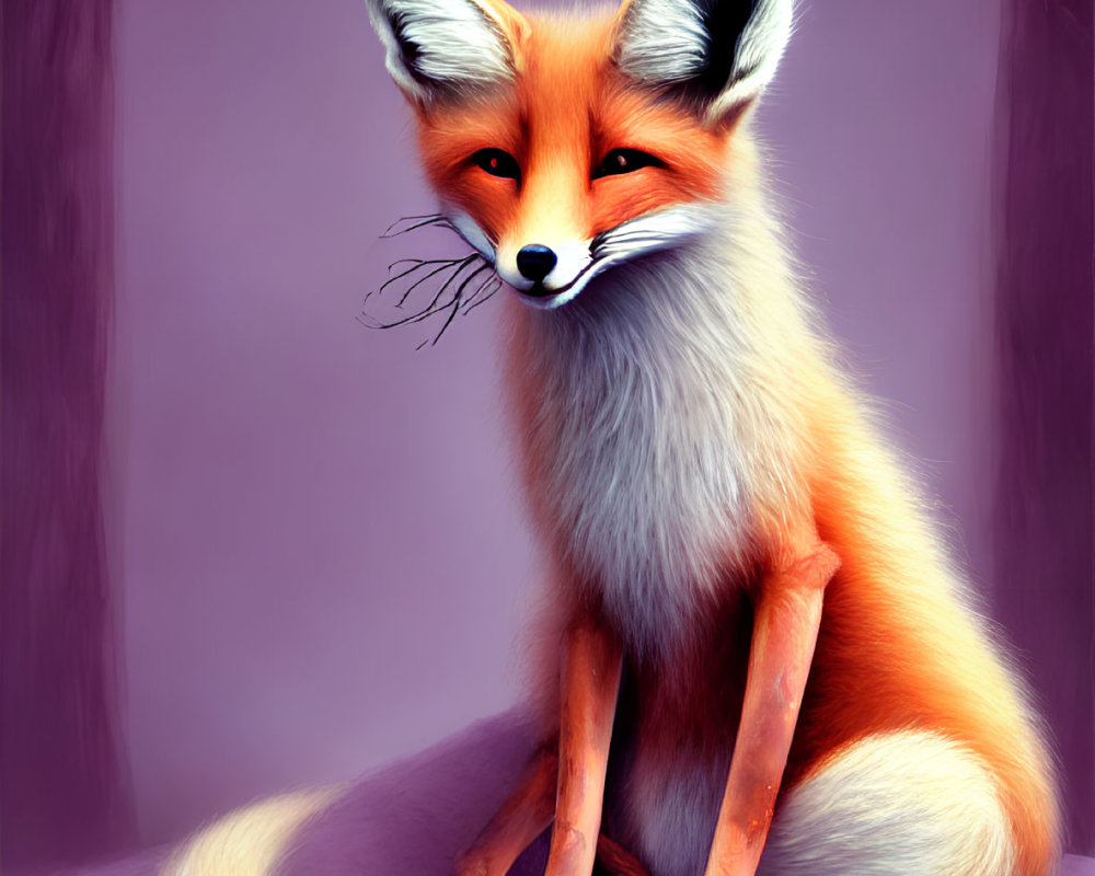 Orange Fox with Fluffy Tail and Large Ears on Purple Background