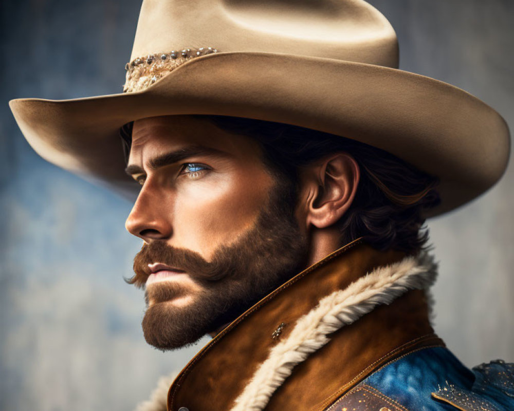 Bearded man in cowboy hat and western jacket with fur collar on blurred background