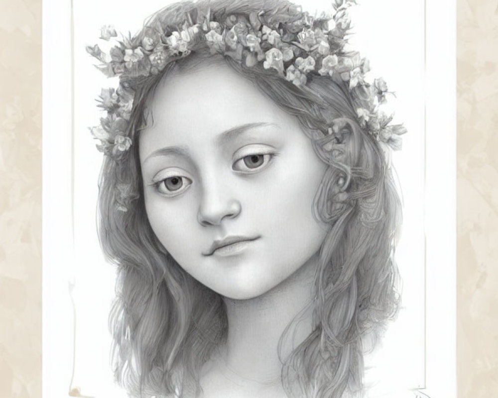 Detailed pencil-drawn portrait of young woman with floral crown and expressive eyes on textured beige background