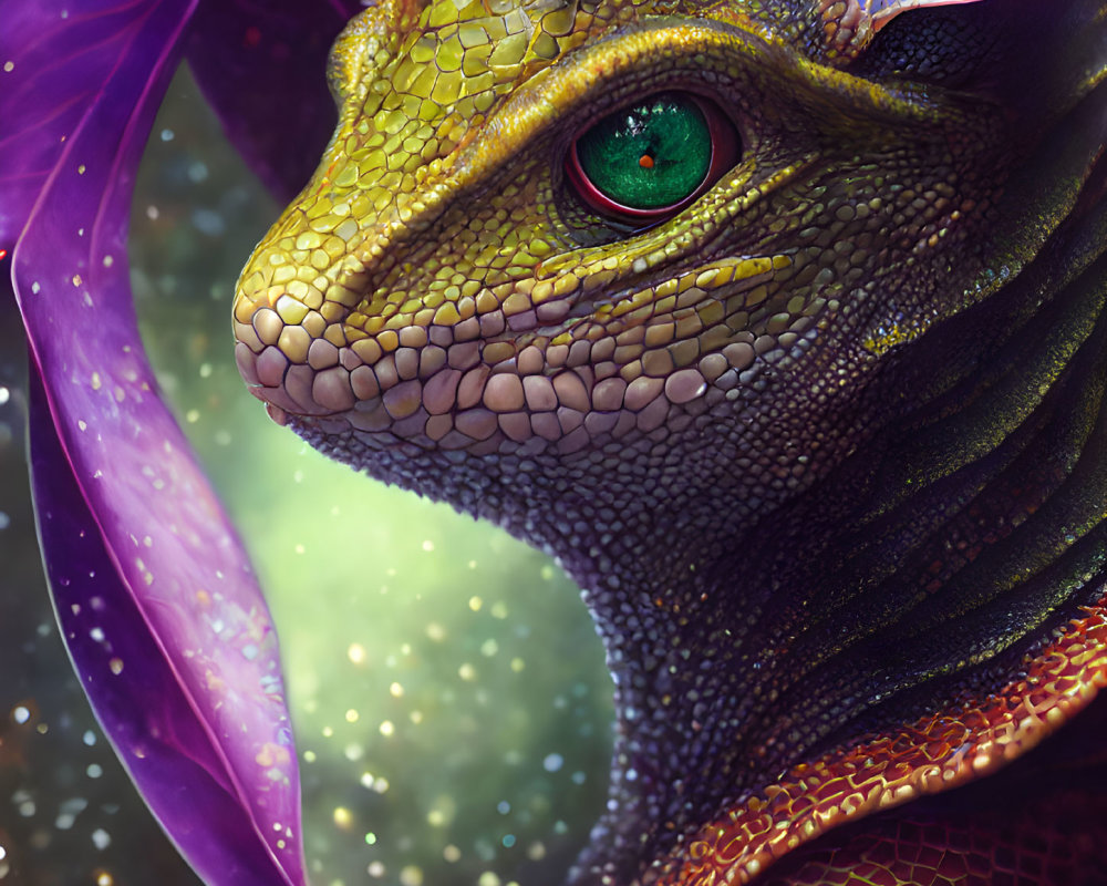 Colorful dragon with green scales in mystical environment