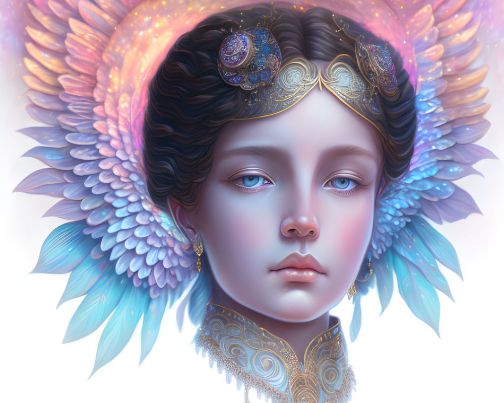 Surreal portrait with pale skin, rainbow wings, golden jewelry, and butterfly.