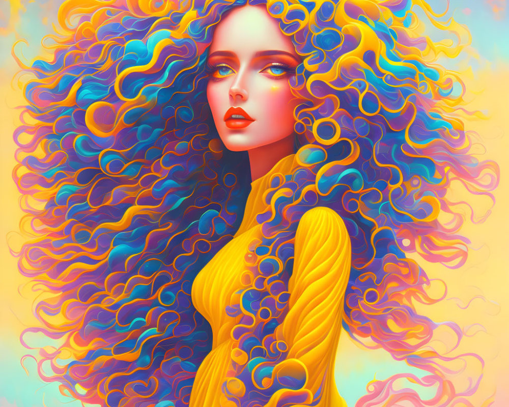 Colorful digital artwork: Woman with voluminous, wavy hair in vibrant yellow attire against pastel