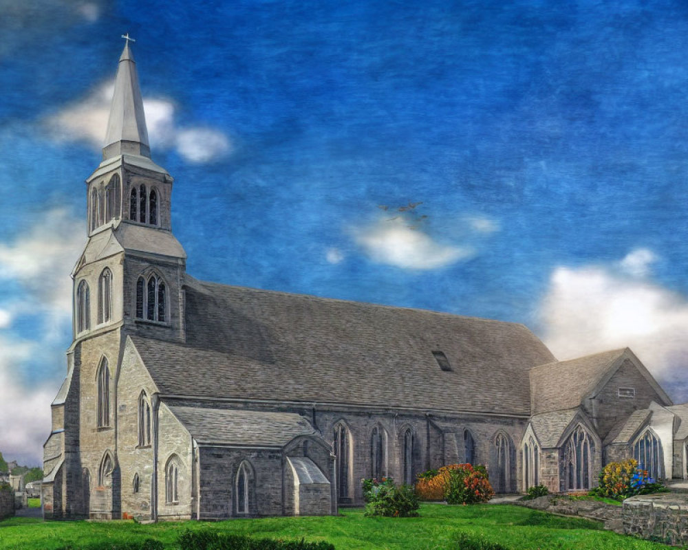 Gothic-style church with tall spire, stone walls, and stained-glass windows under blue