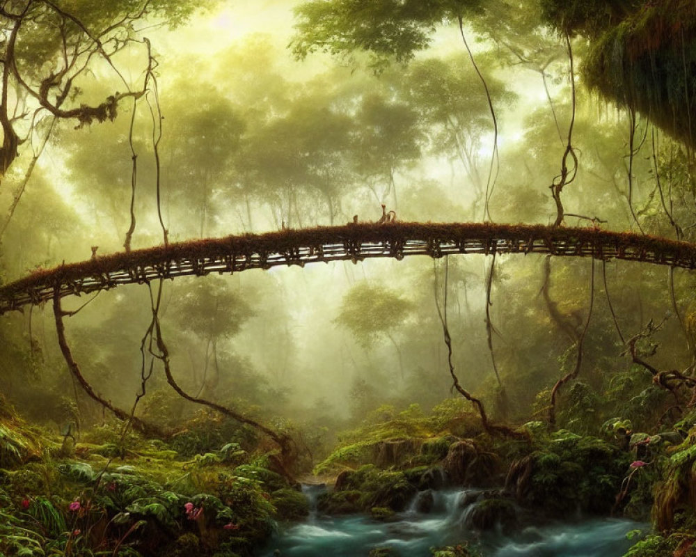 Serene stream bridge in lush foggy forest