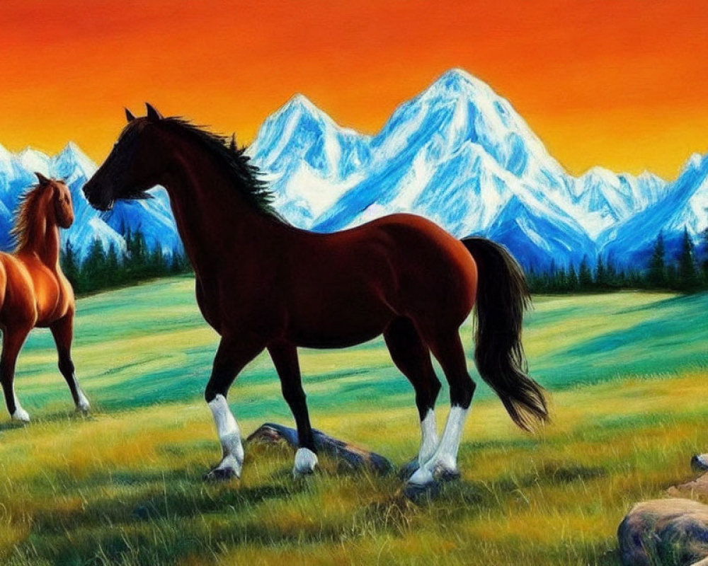 Vibrant meadow scene with two horses, snow-capped mountains, and blue sky